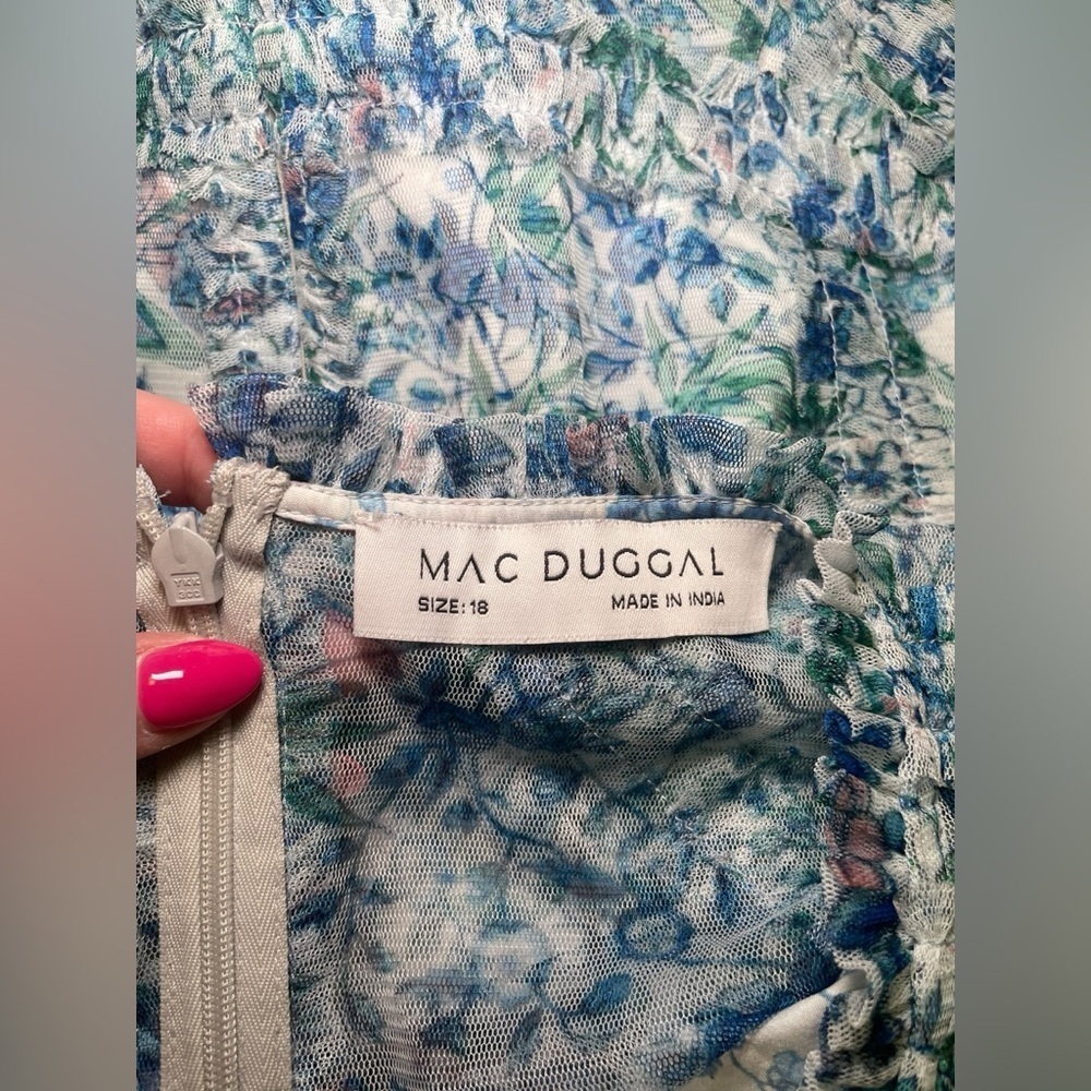 Mac Duggal 8011 Blue Floral Mesh Puff Sleeve Midi Dress Size 18 NWOT - Picture 4 of 6